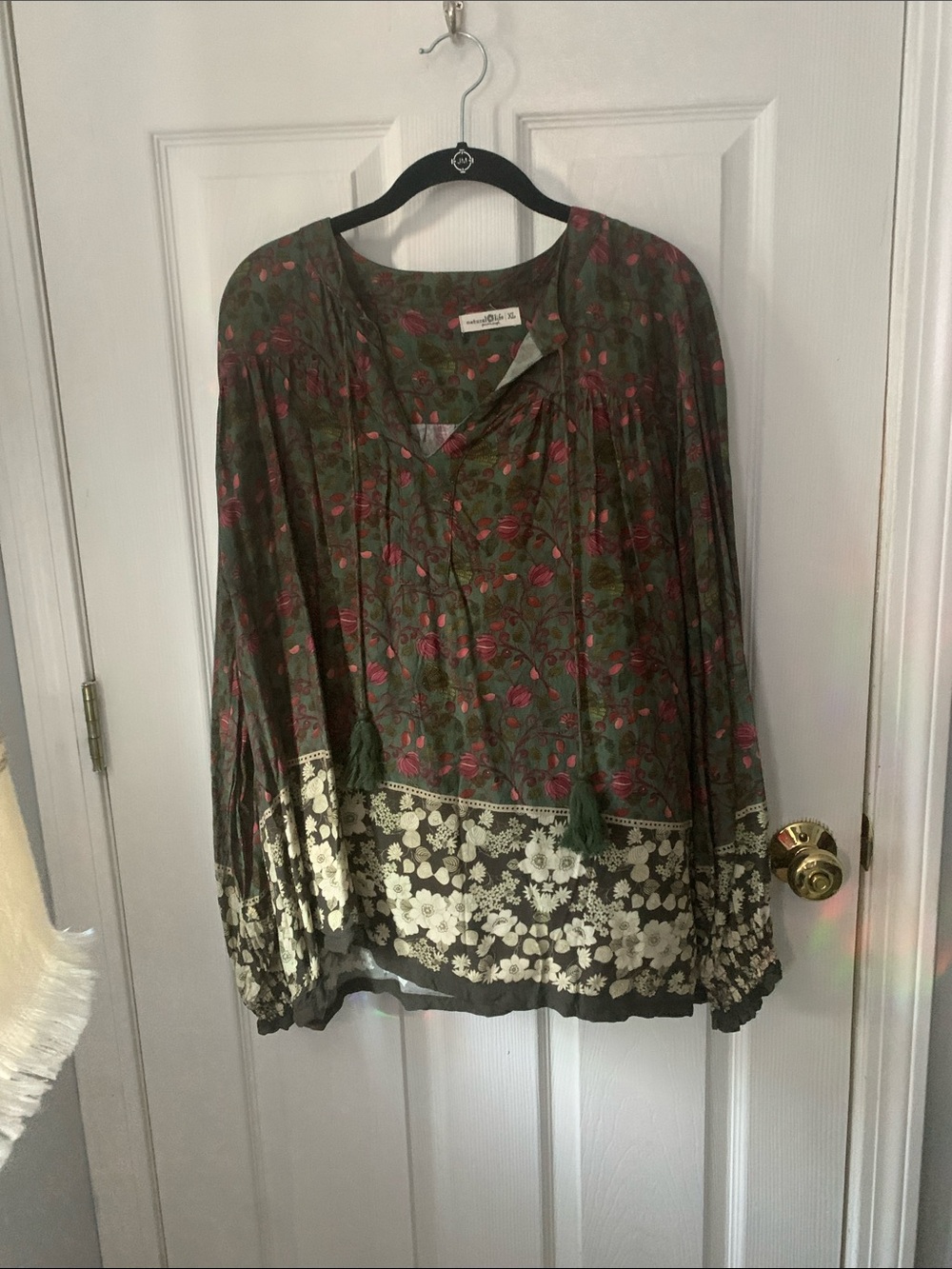 NATURAL LIFE Olive Tunic with Pink Floral and Cream Border